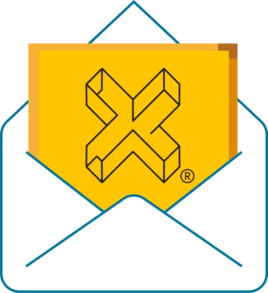 Envelope with a yellow paper with the XPLANE "X" logomark on it.